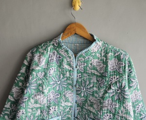 Green Floral Quilted <b>Jacket</b> <b>Mandarin</b> <b>Collar</b> Full Sleeve Cotton Spring Women's Coat Green floral quilted gift for her - Product Image 2