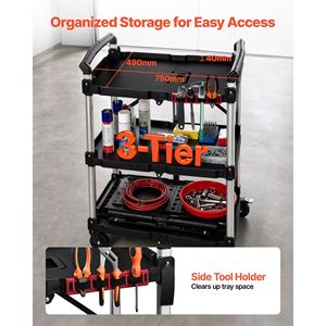 Carrito de Servicio Plegable de 3 Niveles, Resistente, Capacidad de 300 Libras, Ruedas Giratorias de 360° con 2 Frenos, para Limpieza - Product Image 4