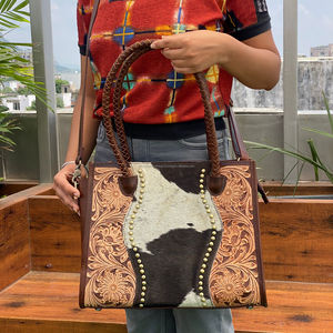 High Quality Hand Tooled Hair On Cowhide Leather 2 Piece Combo Sets Genuine Leather Luxury <b>Tote</b> <b>Bag</b> & Clutch Combo for Women's - Product Image 6