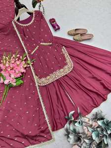 Ensemble de costume ethnique pour femme en soie chinon lourde avec broderies, sequins et travail de perles, comprenant un pantalon palazzo entièrement cousu et une dupatta en dentelle fantaisie - Product Image 3