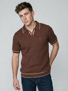 Polo en tricot marron pour homme, design rayé, vêtement décontracté, logo sur le devant, matière en coton, prix abordable, polos tendance - Product Image 6