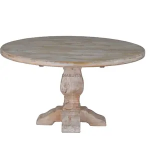 Luxury Classic Style Solid Mango Wooden White Wash Round Shape Dining Table with Wood Legs Base for Home Hotel Restaurant