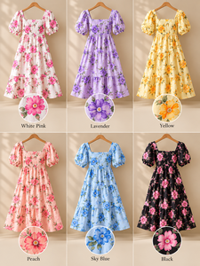 Sweet Floral Print A-Line Midi <b>Dress</b> With Square Neck Cap Sleeve <b>Elastic</b> <b>Waist</b> Loose Fit Breathable Woven Summer Casual <b>Dress</b> - Product Image 3
