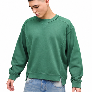 Sudadera de algodón de color verde liso, estilo oversize, lavada a medida, con cuello redondo, informal, de punto, para otoño. - Product Image 1