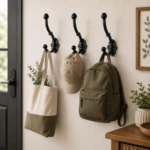 SHUBHAM Black Vintage Wall <b>Hook</b> Decorative Double Coat <b>Hook</b> Hand Forged Hanging <b>Rail</b> for Bathroom Entryway Bedroom - Product Image 2