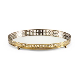 Round Gold Plated <b>Mirrored</b> Storage <b>Tray</b> With Geometric Pattern Single Tier Decorative Tableware - Product Image 3