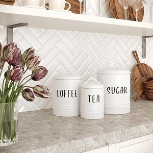 White Metal Kitchen Canister <b>Set</b> for <b>Sugar</b> <b>Coffee</b> <b>Tea</b> Storage with Lids - Product Image 2
