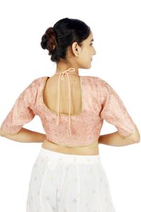 Chemisier rose en jacquard à fleurs pour femmes, haut court à col carré et manches courtes, pour tenue habillée - Product Image 2
