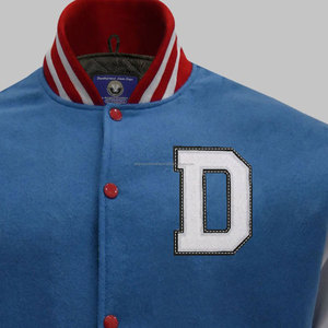 Chaqueta universitaria de lana azul personalizada con mangas de cuero Proceso de revestimiento de cuello alto-Estilo Letterman de escuela secundaria - Product Image 6