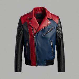 <b>Men</b> <b>Blue</b> Black Color Blocking PU Leather Windproof Breathable Moto Jacket Turn-down Collar Zipper Closure Slim Fit Winter - Product Image 2