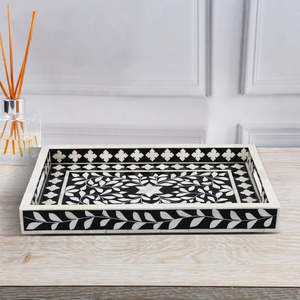 Luxury <b>Black</b> Bone Inlay <b>Serving</b> <b>Tray</b> Handmade Decorative Moroccan Design Rectangular Coffee Table <b>Tray</b> with Handles - Product Image 1