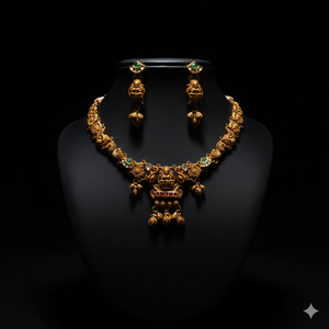 Ensemble collier et boucles d'oreilles en or antique 22 carats certifié BIS - Bijoux de temple traditionnels faits à la main en AU916 - Product Image 1