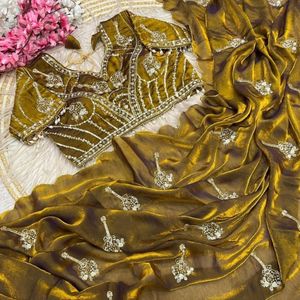 Sari de style Bollywood haut de gamme et élégant avec broderies Khatli et perles, chemisier cousu, prix de gros par Royal Export - Product Image 6