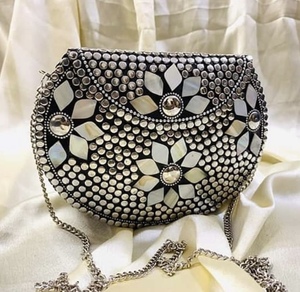 <b>Silver</b> Plated Metal <b>Clutch</b> Bag With Pearl Inlay Flower Design Irregular Shape Craft - Product Image 1