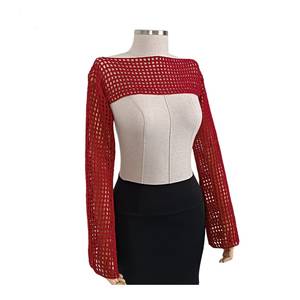 Cárdigan de punto fino con hombros descubiertos y manga larga para mujer, estilo bohemio, color liso, para verano - Product Image 2