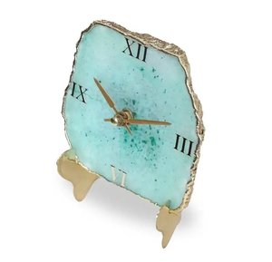 Horloge de bureau en agate vert menthe, cadran romain, bord doré, quartz, petite horloge de table, support métallique, décoration d'étagère - Product Image 6