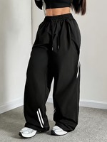 Pantalones de chándal de verano de talla grande para mujer, 100% algodón, con cintura media con cordón, parte delantera plana, corte holgado y pierna ancha, estilo urbano 3D
