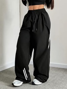 Pantalon de survêtement d'été à taille élastiquée, rayé, coupe ample, jambe large, 100 % coton, grande taille, pour femme - Product Image 5