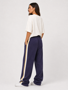 Pantalon de survêtement ample en molleton pour femme avec bande latérale, taille élastique, coupe décontractée, style sarouel, longueur intégrale, taille mi-haute, idéal pour le printemps - Product Image 5