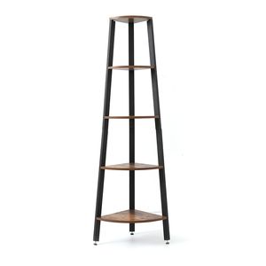 Libreria a 5 Ripiani Effetto Legno, Scaffale Angolare Rustico per Casa e Ufficio con Struttura in Metallo, Supporto per Piante - Product Image 1