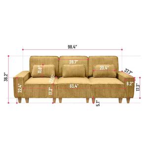 Divano Moderno Comfort a 3 Posti in Corduroy Giallo con Seduta Profonda, Portabicchieri in Acciaio Inox Spazzolato, 3 Cuscini Decorativi, Design Componibile - Product Image 4