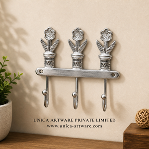 Handcrafted Floral Design Aluminum Wall <b>Hook</b> Rack Decorative 3 <b>Hook</b> Key Holder Coat <b>Towel</b> Organizer for Home Decor at Best Price - Product Image 1