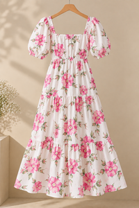 Sweet Floral Print A-Line Midi <b>Dress</b> With Square Neck Cap Sleeve <b>Elastic</b> <b>Waist</b> Loose Fit Breathable Woven Summer Casual <b>Dress</b> - Product Image 5