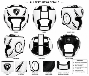 Protège-tête de boxe Dumela blanc et noir en cuir artificiel respirant avec fermeture auto-agrippante, emballage personnalisé, unisexe - Product Image 6