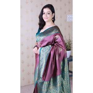 Sari de Seda Banarasi Rosa Coral, Suave, con Bordado de Zari de Pavo Real, Ropa India y Pakistaní - Product Image 3