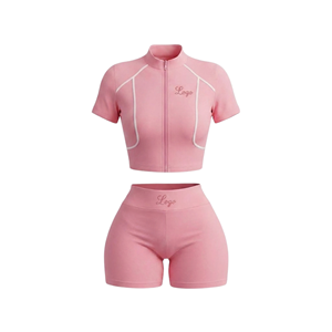 Custom Logo 2 Piece Women's Activewear Zipper Cropped Sports Jacket and High Waist Shorts Fitness 2 Piece <b>Set</b> - Product Image 3
