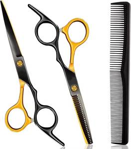 Ciseaux professionnels pour la retouche des cheveux, lame en acier inoxydable, manche noir et or, pour droitiers, usage en salon, manche long - Product Image 1