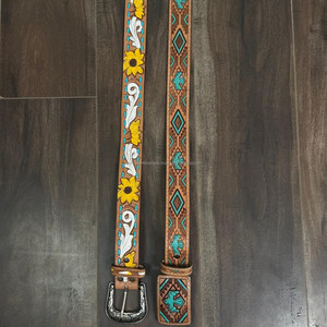Personalized Western Hand <b>Tooled</b> Leather <b>Belt</b> with Sunflower Floral Design & Antique Silver Buckle Genuine Cowhide for Unisex - Product Image 6