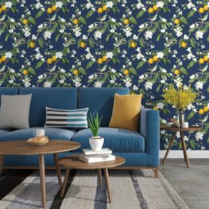 Carta da Parati Adesiva Blu Scuro con Motivi Floreali, Carta Adesiva Vintage con Uccelli, Foglie e Frutta, Impermeabile e Rimovibile, Design Botanico - Product Image 3