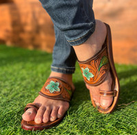 Sandales à bout ouvert en cuir véritable de vachette véritable fait à la main pour femmes style occidental décontracté extérieur tongs plates turquoise