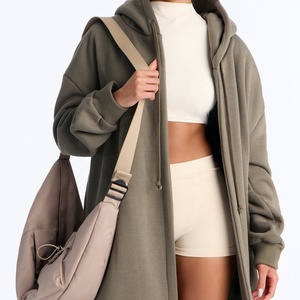 Manteau long à capuche pour femme, coupe ouverte, épaules tombantes, couleur unie, décontracté, pour l'automne, vert olive, en polaire, style trench-coat, vente chaude - Product Image 3