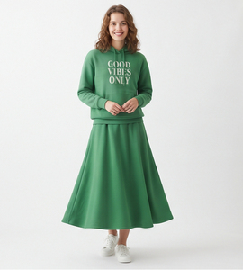 Women <b>Skirt</b> Set A-Line Hoodie Dress Elastic Waist Casual Floor-Length Hveay Weight 430GSM Cotton Fleece Sweat Hoody <b>Skirt</b> Set - Product Image 2