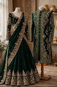 Lehenga Choli en velours émeraude brodé avec un Sherwani assorti, tenue de mariage traditionnelle style Inde-Pakistan, vêtements d'hiver - Product Image 3