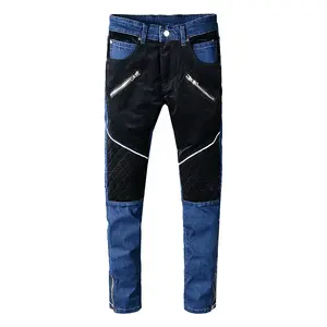Men velour patchwork bottom zipper jeans slim fit patches blue stretch denim pants