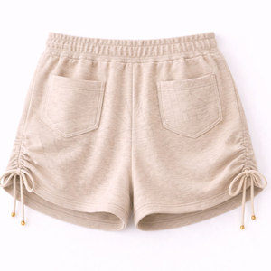 Shorts pour femmes à taille haute, couleur beige unie, taille élastique, coupe ample avec poches, style décontracté, tissu en coton tricoté, cordon de serrage - Product Image 3