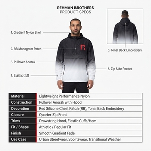 Custom <b>Men's</b> Hooded Gradient Windbreaker <b>Jacket</b> Pullover Long Sleeve Red Logo Front Casual Wear Breathable Polyester Regular Fit - Product Image 5