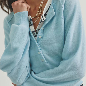 Breathable Women's Luxury Light Blue Knitted <b>Cardigan</b> Lantern Sleeve Crop Top Button Up Collar Preppy Style Knit Henley Sweaters - Product Image 4
