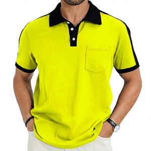 Polo à manches courtes pour homme, couleur unie, coton tricoté, respirant, décontracté, avec poche, bordure rouge et noire - Product Image 4