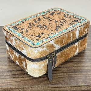 Caja de Almacenamiento de Joyería y Cosméticos de Cuero Vacuno Hecha a Mano con Diseño Floral, Cierre de Cremallera, Estuche Organizador de Viaje, Caja al por Mayor - Product Image 4