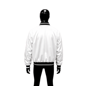 Chaqueta universitaria de satén blanco premium para hombre y mujer, chaqueta bomber brillante personalizada al por mayor con cuello y puños acanalados con rayas negras. - Product Image 2