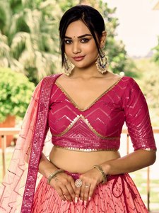 Pink Sequin Woven One <b>Set</b> Short Floral <b>Blazer</b> with Dupatta Pleated Lehenga Wedding Party Outfit - Product Image 2