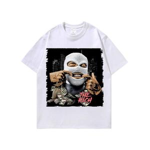 Camiseta negra de manga corta con cuello redondo para hombre, camiseta con estampado de personaje enmascarado y gráfico de dinero, estilo urbano - Product Image 3