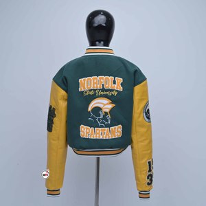 Green and Yellow Varsity Jacket with Embroidered N Logo and Lettering, Full Sleeve Turn-<b>down</b> Collar Polyester Cotton Shell OEM - Product Image 2