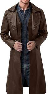 Manteau long en cuir noir pour homme avec fourrure, style trench-coat, boutonné, idéal pour l'hiver - Product Image 4