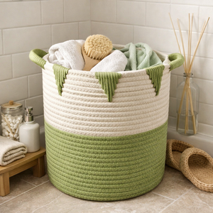 Ecowoodies Multipurpose Eco-Friendly Modern <b>Foldable</b> Cotton Storage <b>Basket</b> 50x40x30cm Soft Edges Green White Handcrafted Laundry - Product Image 3