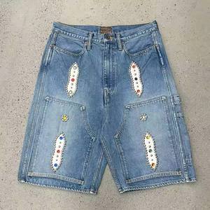 Shorts en jean pour homme de qualité supérieure, personnalisés, style streetwear, taille haute, baggy, avec strass, délavés à l'acide, vintage - Product Image 1